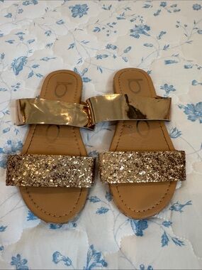 bebe Gold Glitter & Metallic Slide Sandals